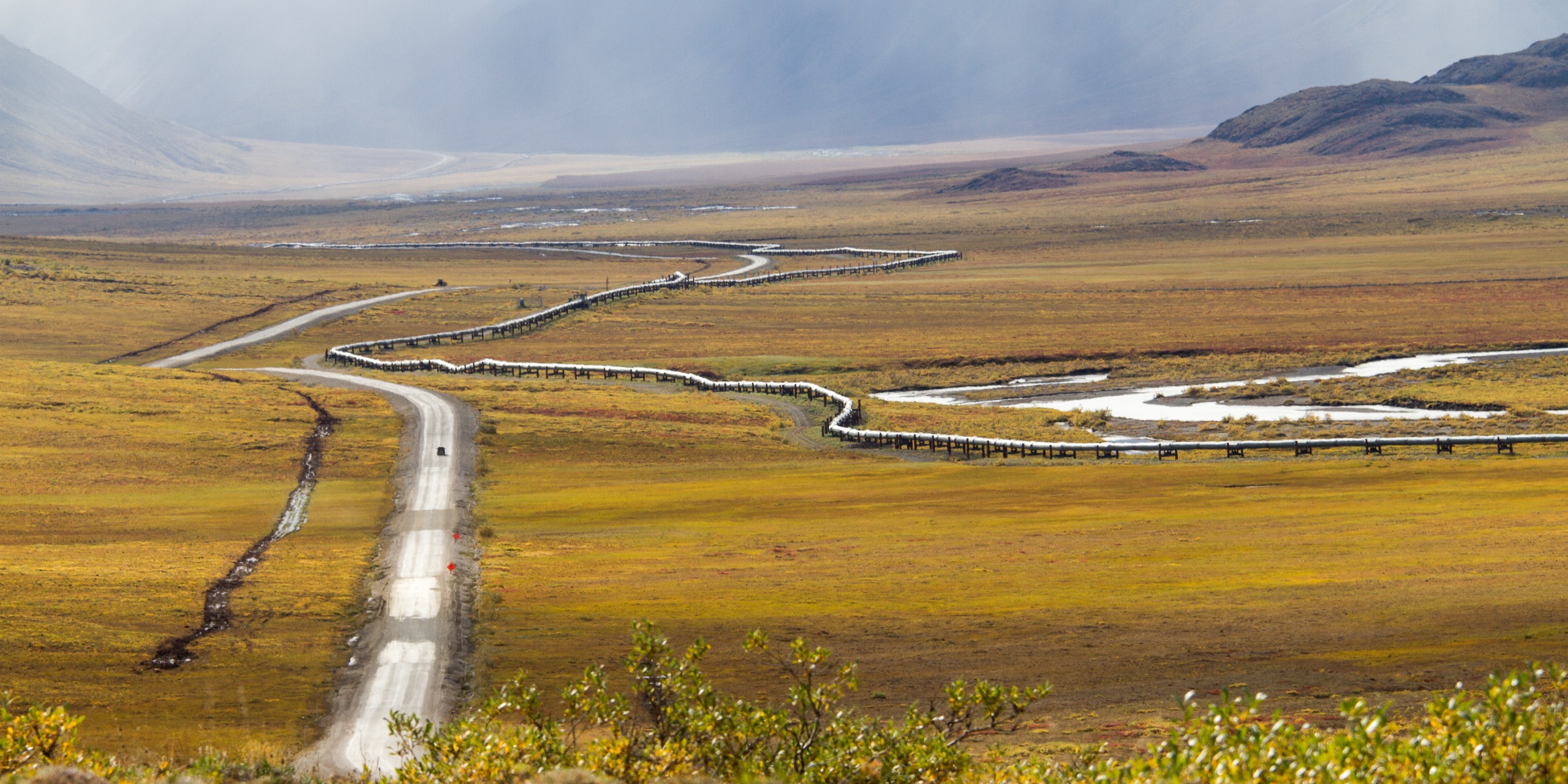 The Dalton Highway running alongside the Trans-Alaska Pipeline