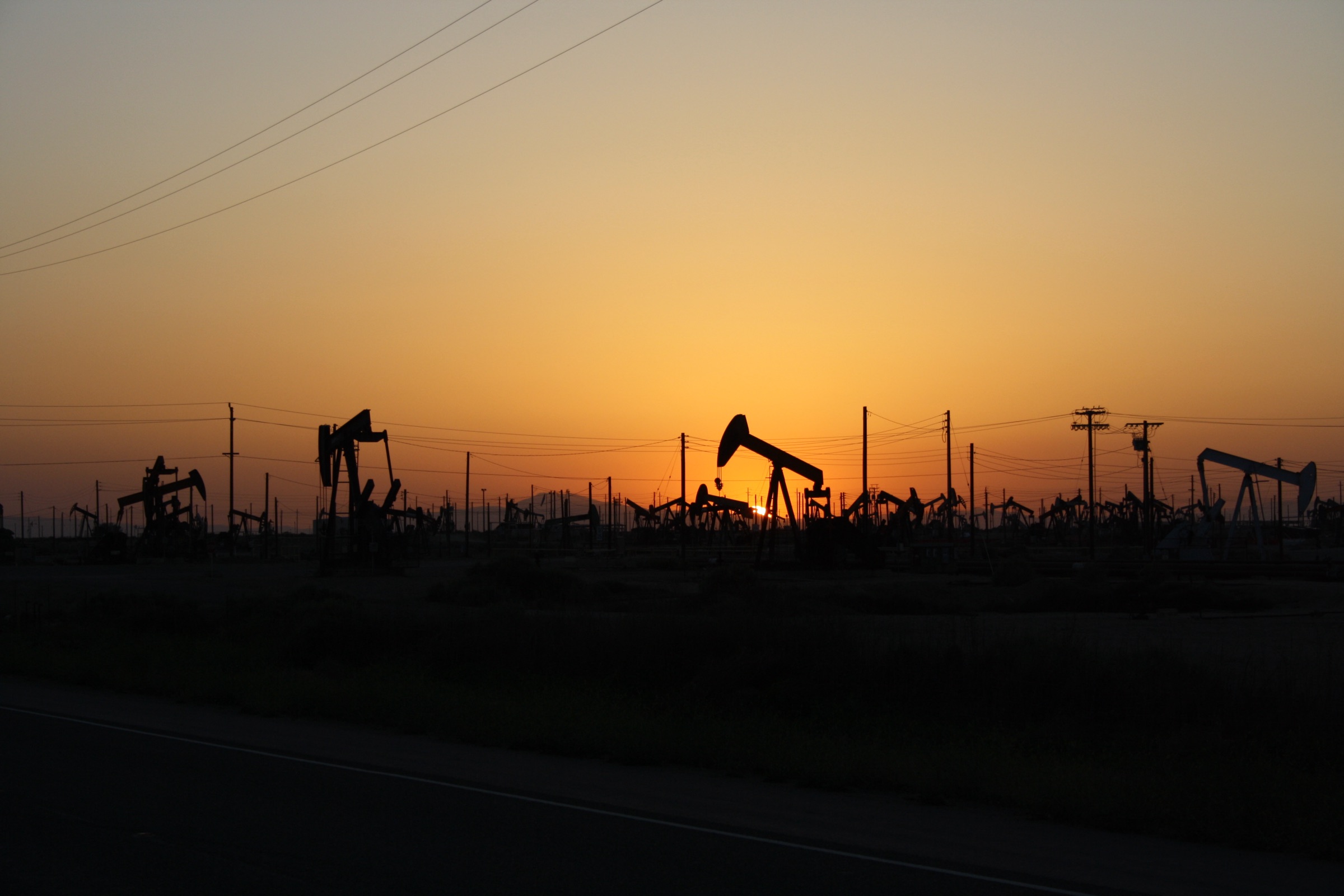Pumpjack silhouettes at sundown