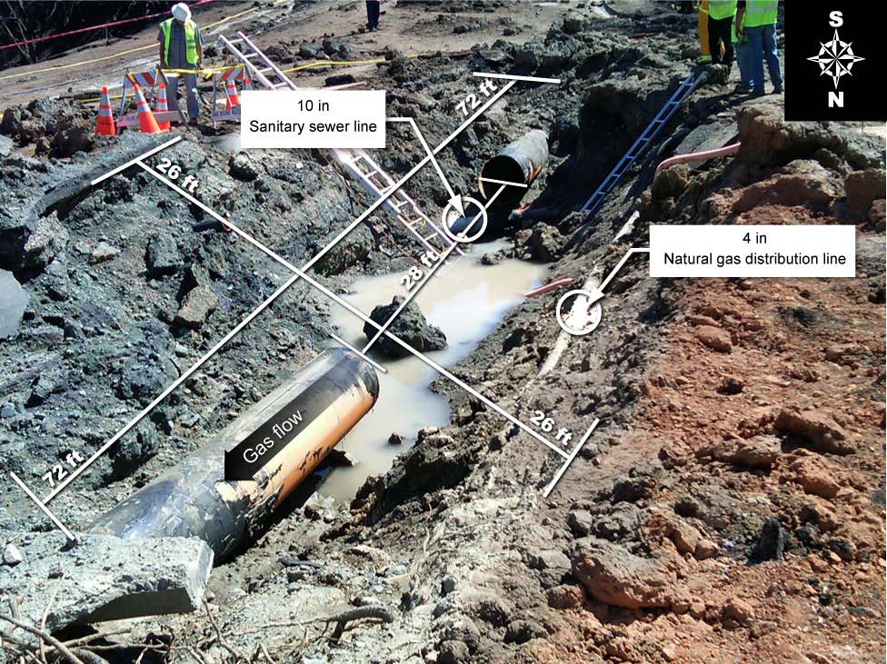 The rupture crater at San Bruno, annotated with dimensions - NTSB accident report figure (PAR-11-01, figure 1)